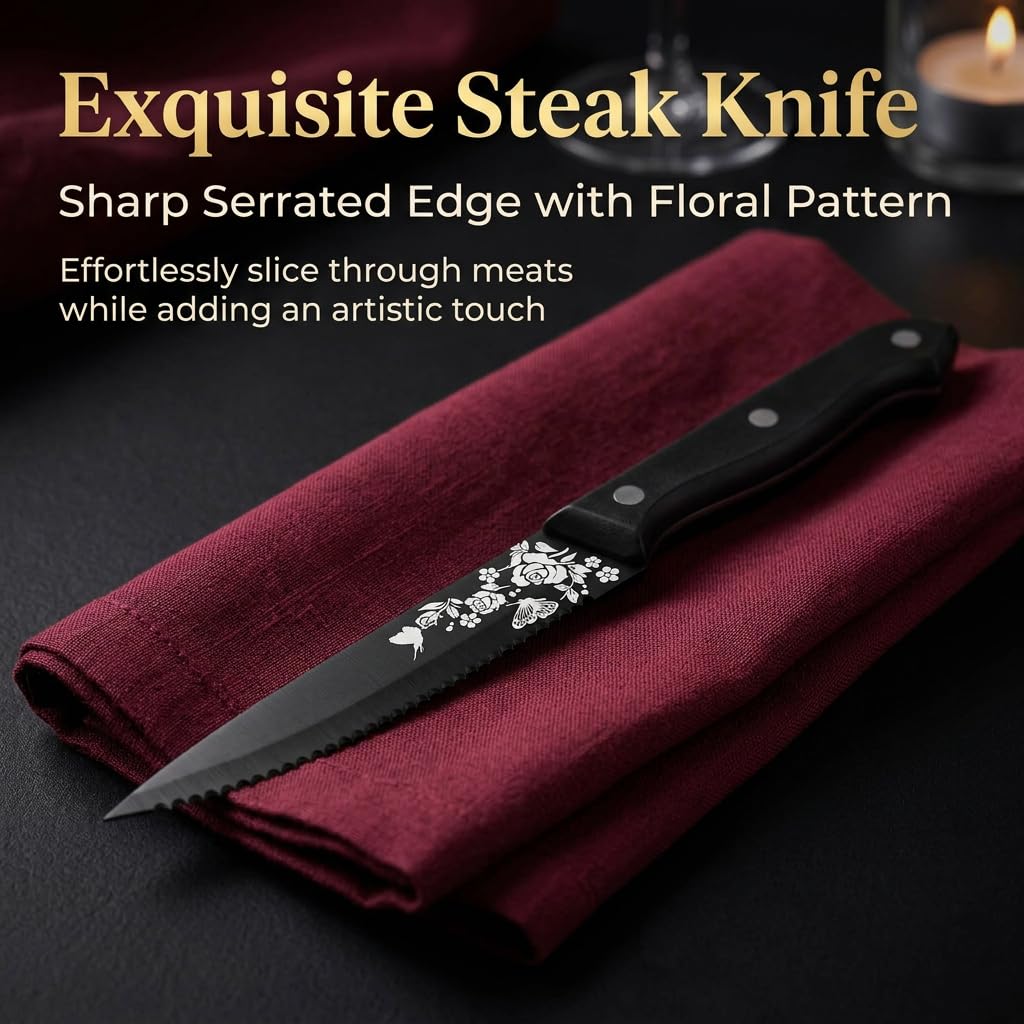 Gold Silverware Set For 8, 48-Piece Retro Royal Flatware Set for 8 with Anti-rust Silverware Steel Black Steak Knives