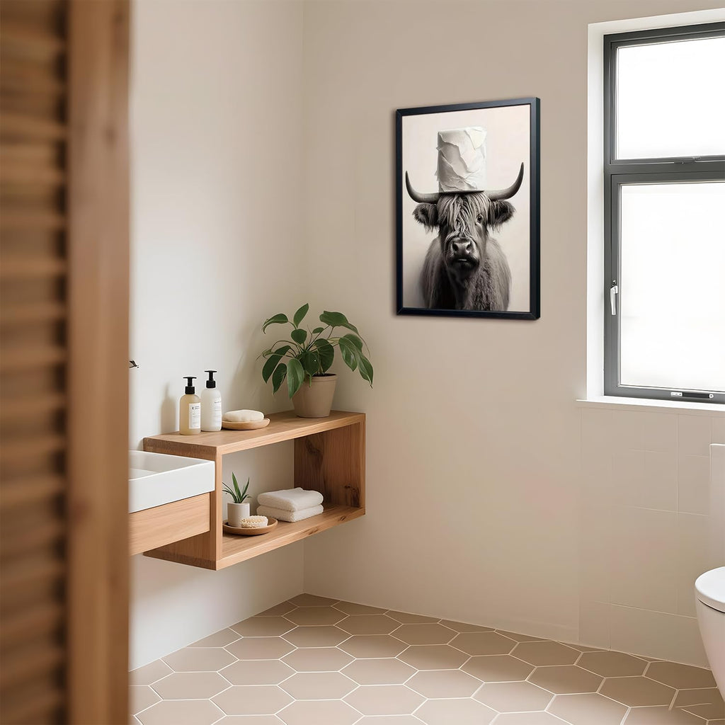 Black and White Bathroom Wall Art, Funny Highland Cow Canvas Poster Print Picture, Modern Farmhouse Wall Decor