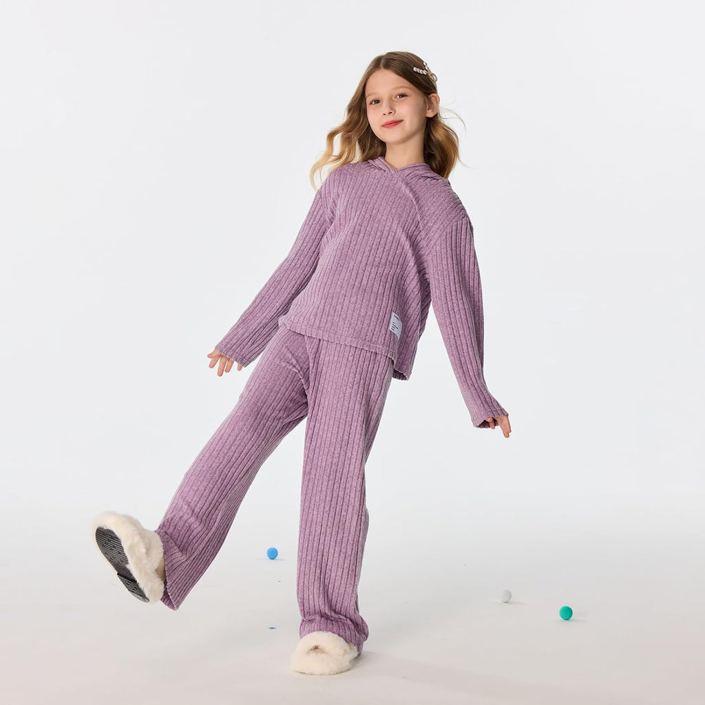 2 Pieces Outfits Lounge Set Knit Hoodies Flare Pants Sweatshirts and Sweatpants Kids Tracksuits