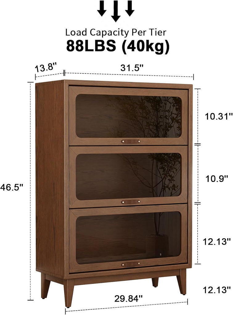 Solid Wood Storage Cabinet with Glass Doors, 3 Shelf Small Storage Cabinet, Mid Century Modern Bookcase, Kitchen
