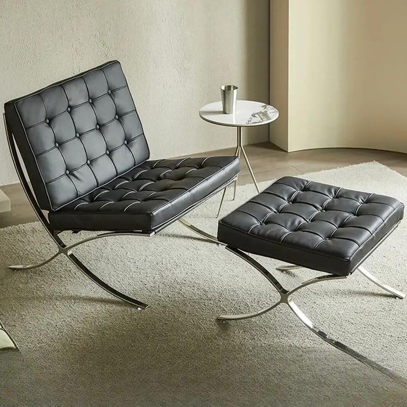 Inspired Barcelona Style Leather Lounge Chair and Ottoman — Black Oiled Leather, Compact Seat (23.5″L)