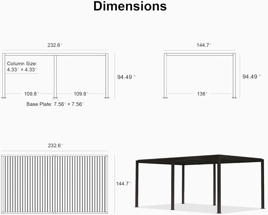Outdoor 12' × 20' Louvered Pergola with Screens and Patio Adjustable Aluminum Canopy Retractable Metal Roof for Deck