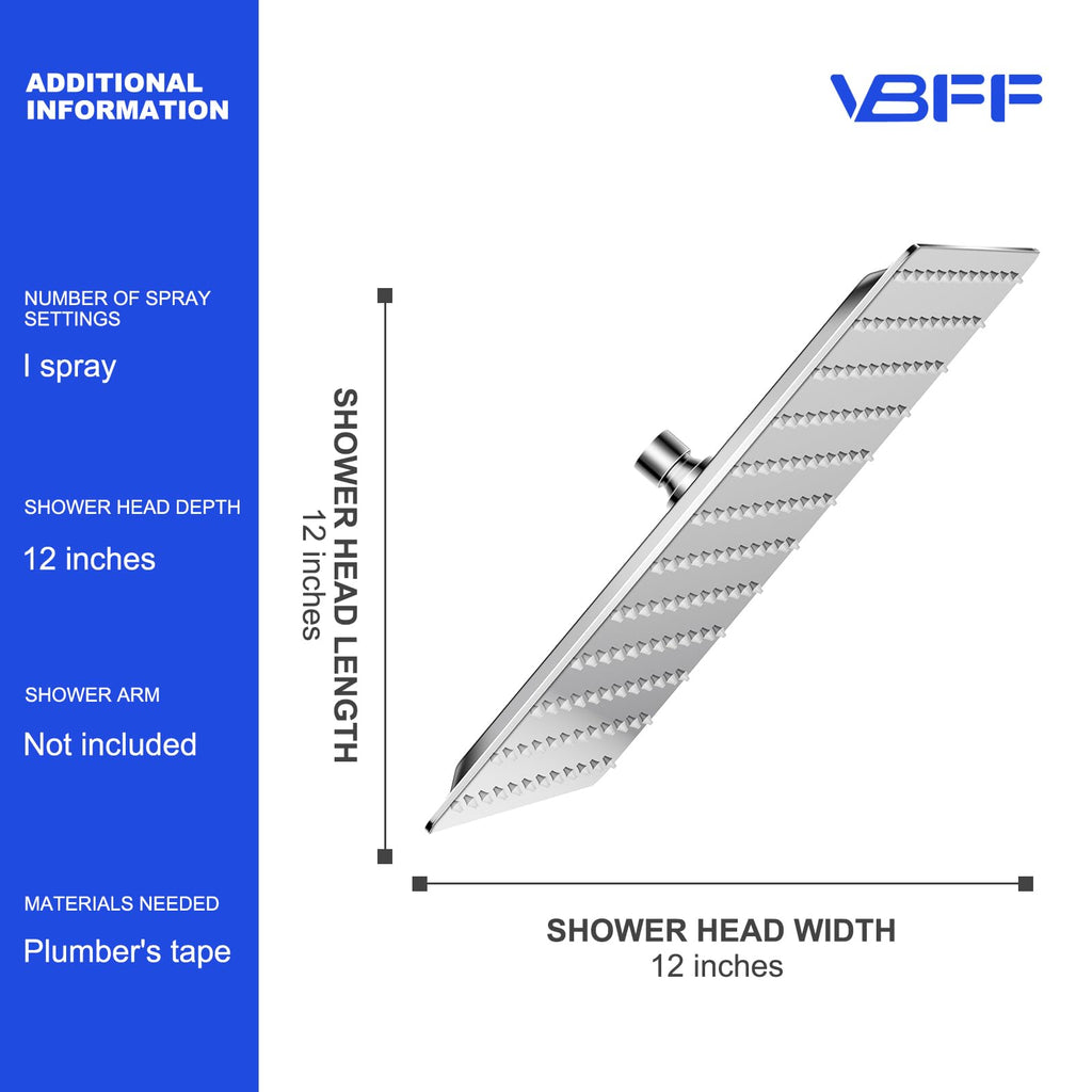 Shower Head,rain shower head, 12 inch- Square Shower Head, 1.8 GPM Flow Rate, rainfall showerhead,VBFF09 (Chrome)
