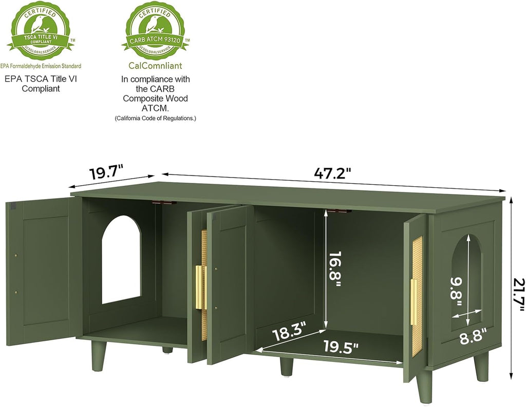 Boho Cat Litter Box Enclosure for 2 Cats, Green and Natural