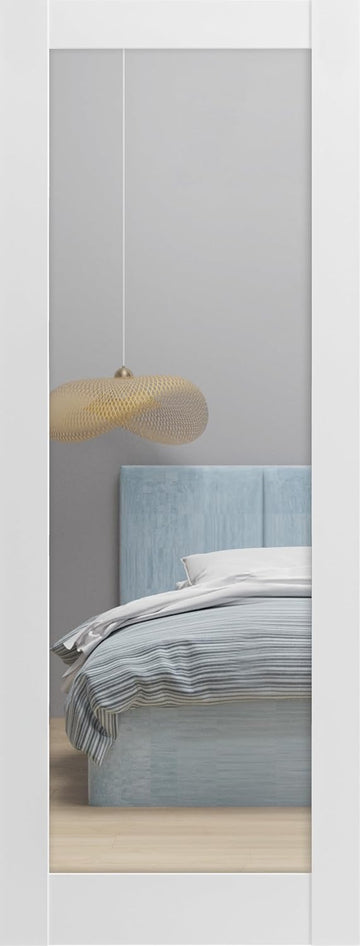 Slab Barn Door Panel | Lucia 1299 White Silk with Mirror | Sturdy Finished Doors | Pocket Closet Sli