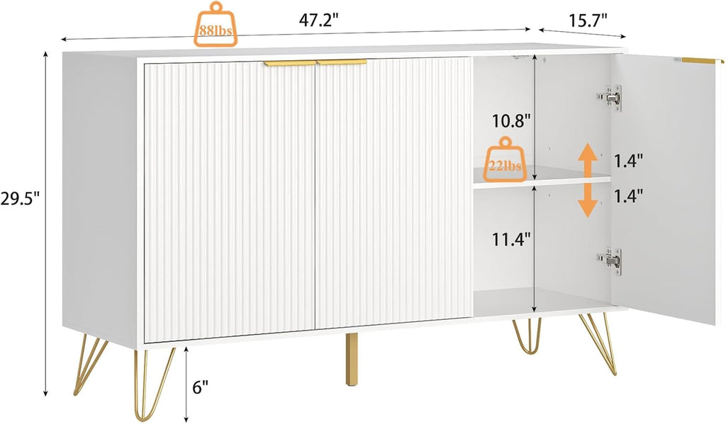 Storage Cabinet with 3 Fluted Doors and Adjustable Shelves, White丨Modern Wood Accent Table, Sideboard Buffet Cabinet