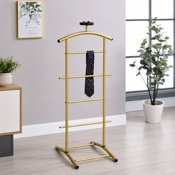 Freestanding Metal Suit Valet Stand with Tie Bar, Gold