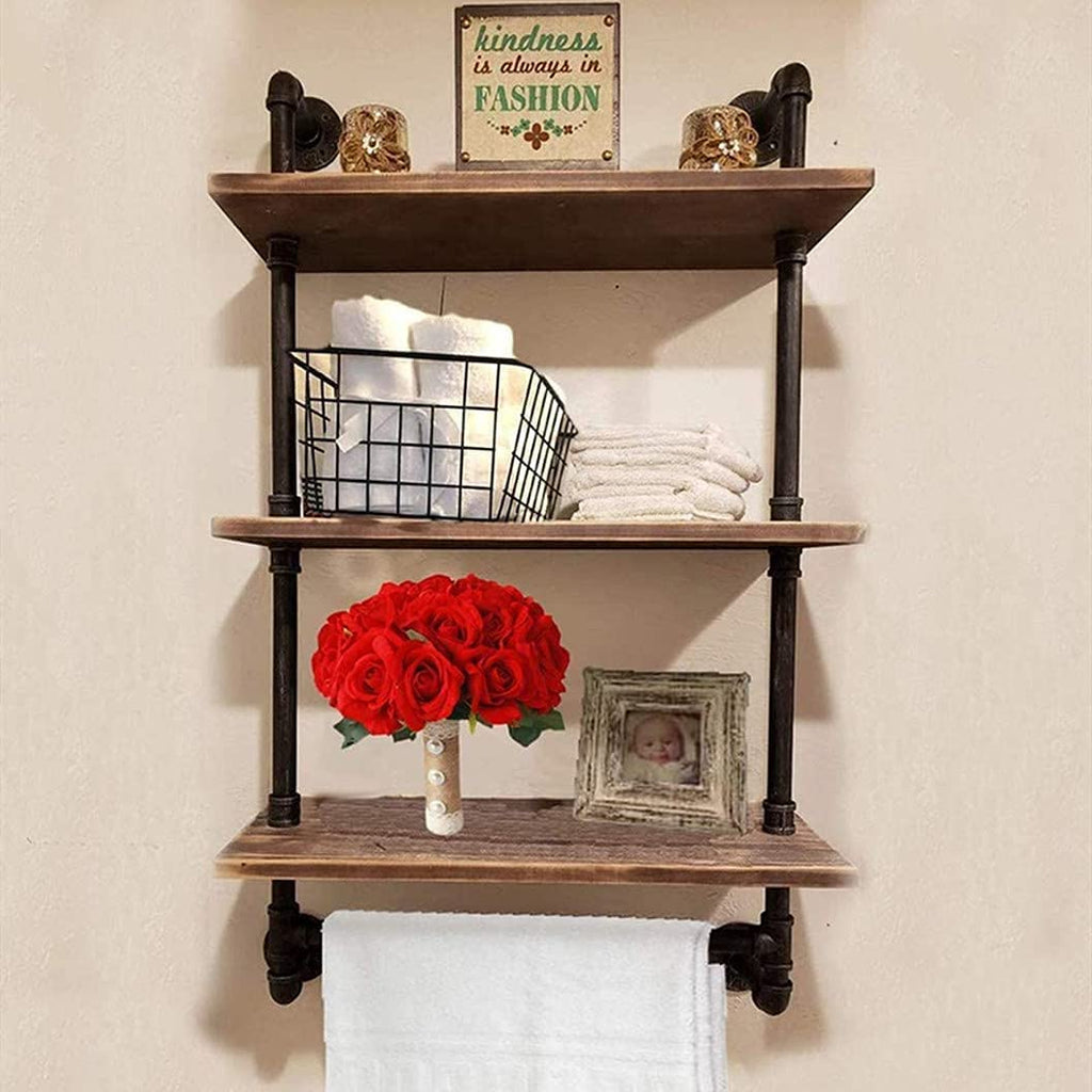 Industrial Pipe Shelving Rustic Bathroom Shelves with Towel Bar, 24" Pipe Shelf Wall Mounted, Farmhouse Bathroom