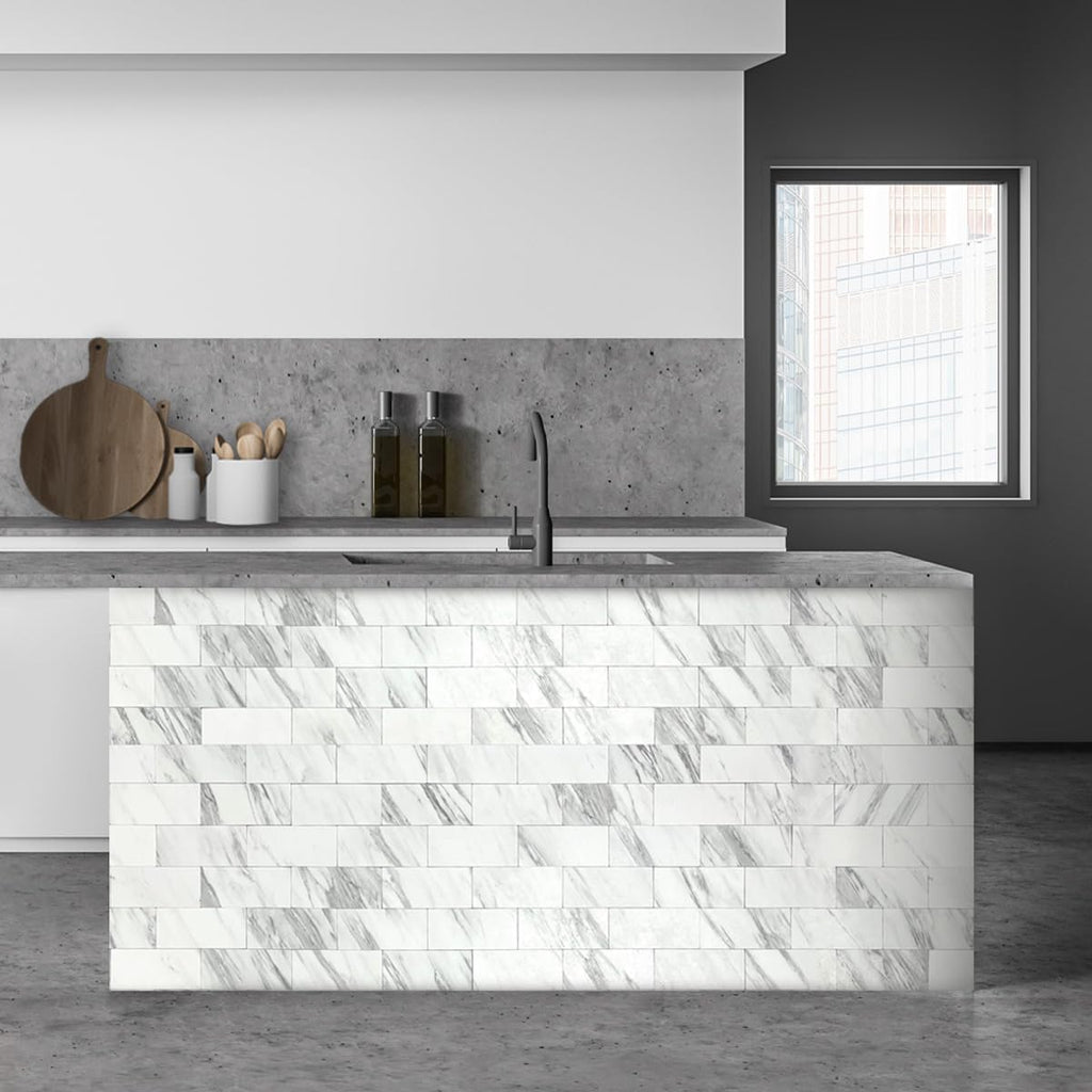 100-Piece White Marble Look Peel and Stick Backsplash Wall , 3" x 6" PVC Faux Stone Stick on Tile for Backsplash