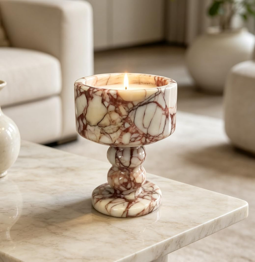 Set of 2 Natural Stone Pedestal Candle Holders - Marble & Onyx Decorative Candle Stands for Modern Home Decor