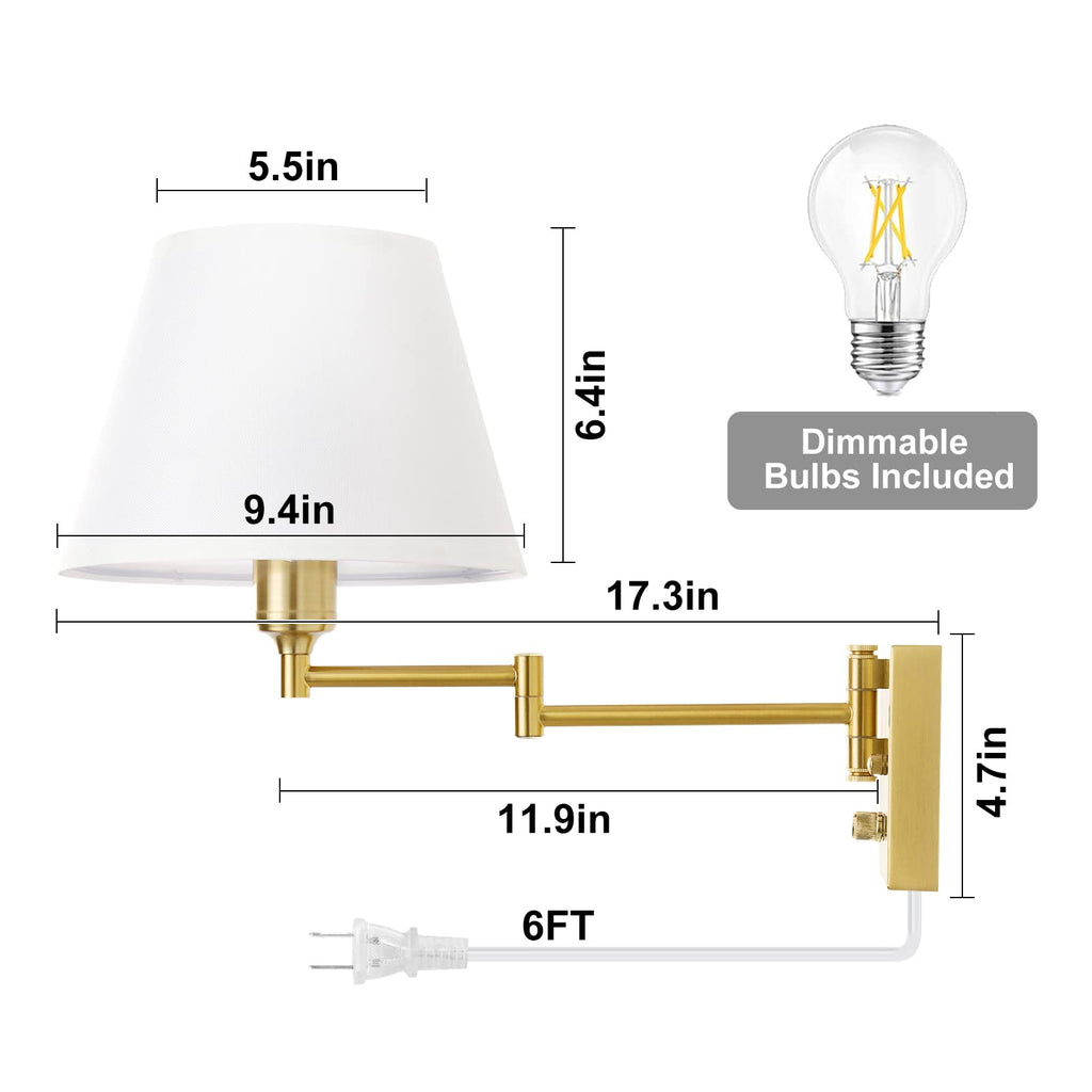 Wall Sconce Plug in, Brushed Brass Dimmable Wall Sconces Set of 2 Swing Arm Wall Lights with Plug in Cord and Dimmer