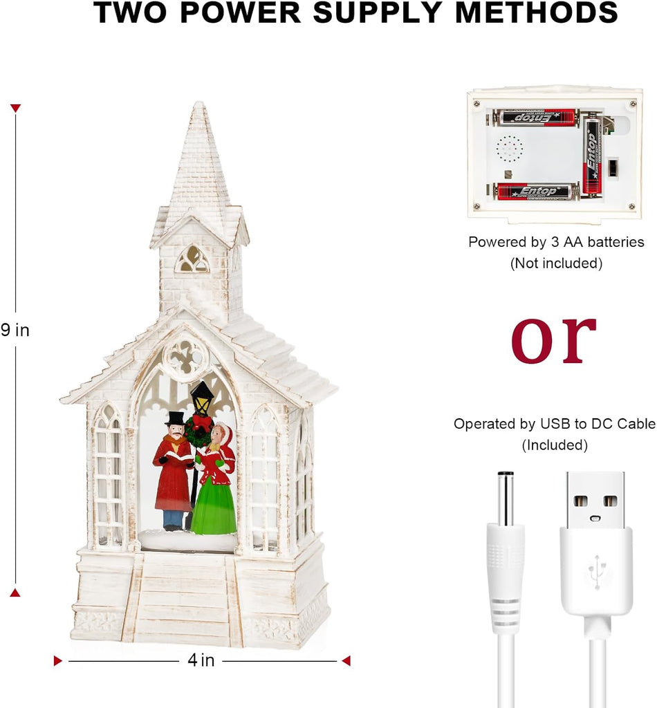 Christmas Snow Globe Lantern Musical Carolers Lighted Water Church, USB Lined/Battery Operated Lighted Lantern