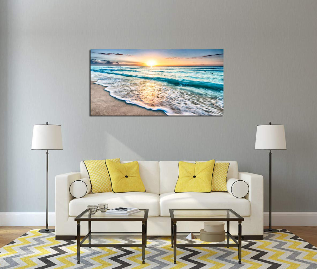 Canvas Prints Wall Art Beach Sunset Ocean Waves Nature Pictures Stretched Canvas Wooden Framed Bedroom and