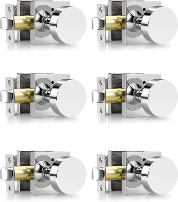 Polished Chrome Privacy Door Knobs with Square Rosette(6 Pack), Interior Heavy Duty Door Handles with Lock, Keyless