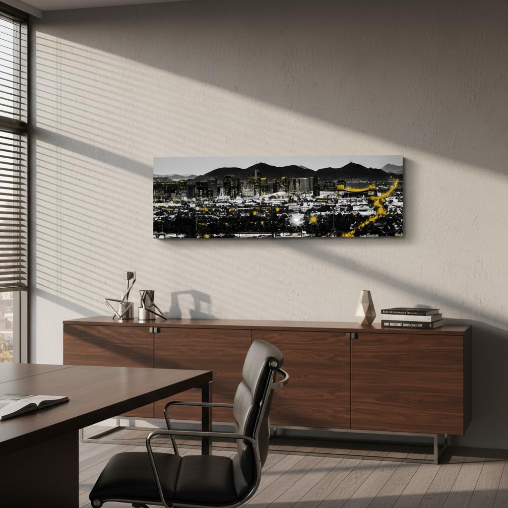 Los Angeles Skyline Canvas Wall Art, Large Black and White Cityscape Panorama Print, Modern Nightscape Painting