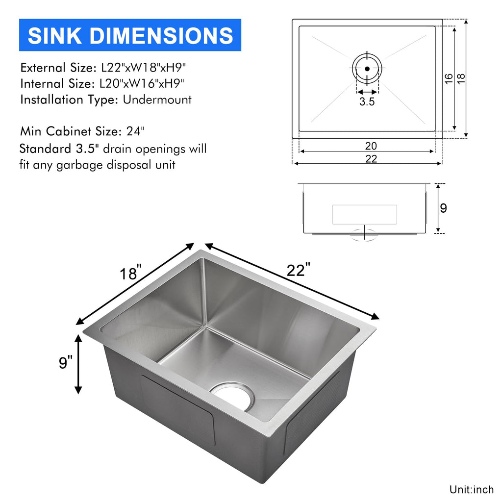22"x18" Undermount Single Bowl Stainless Steel Brushed