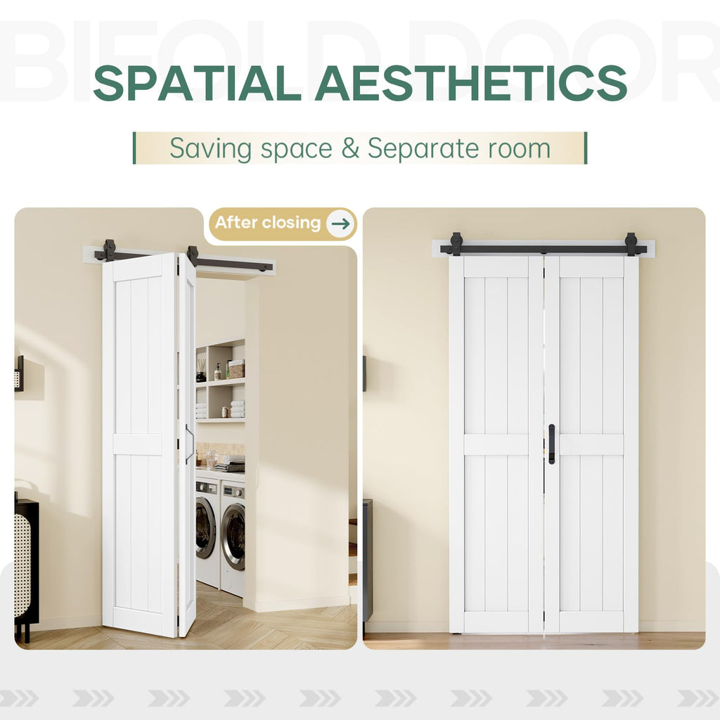 42x84in Bifold Barn Door with Hardware Kit, White Sliding Closet Doors 2 Panels with 46'' Track, Waterproof MDF