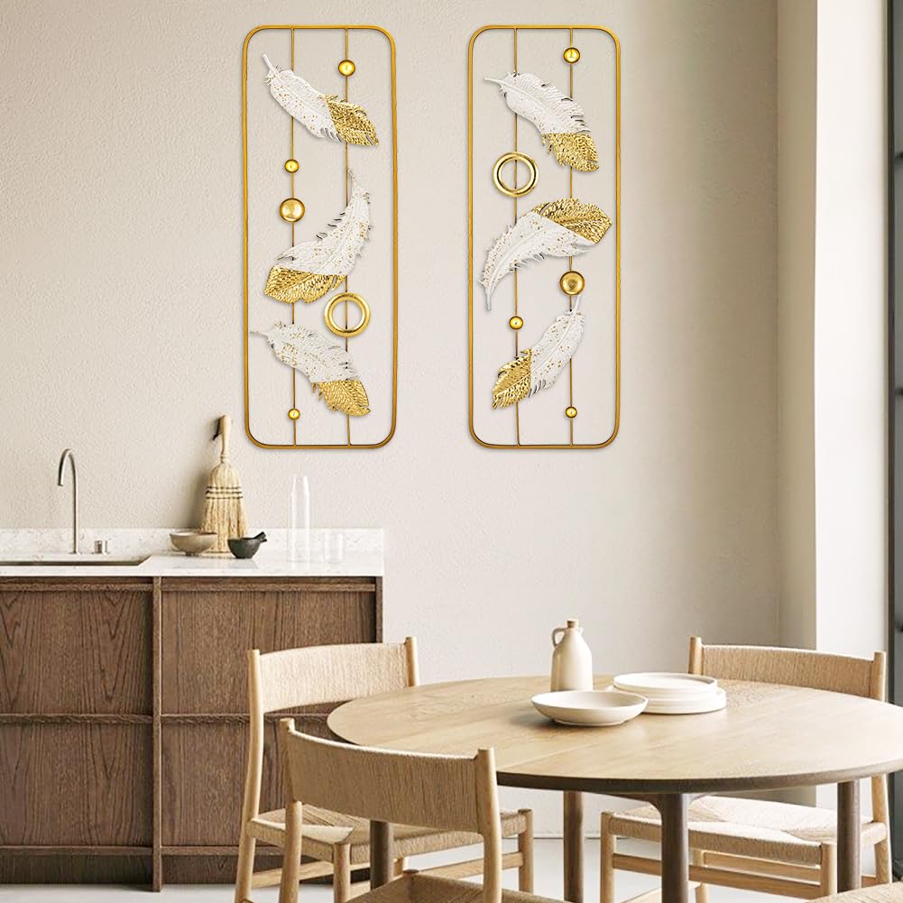 2 Pack Gold Wall Art Décor, 35" Rectangular Panels Metal Work, Modern Wall Décor Café Bedroom Living Room Wall