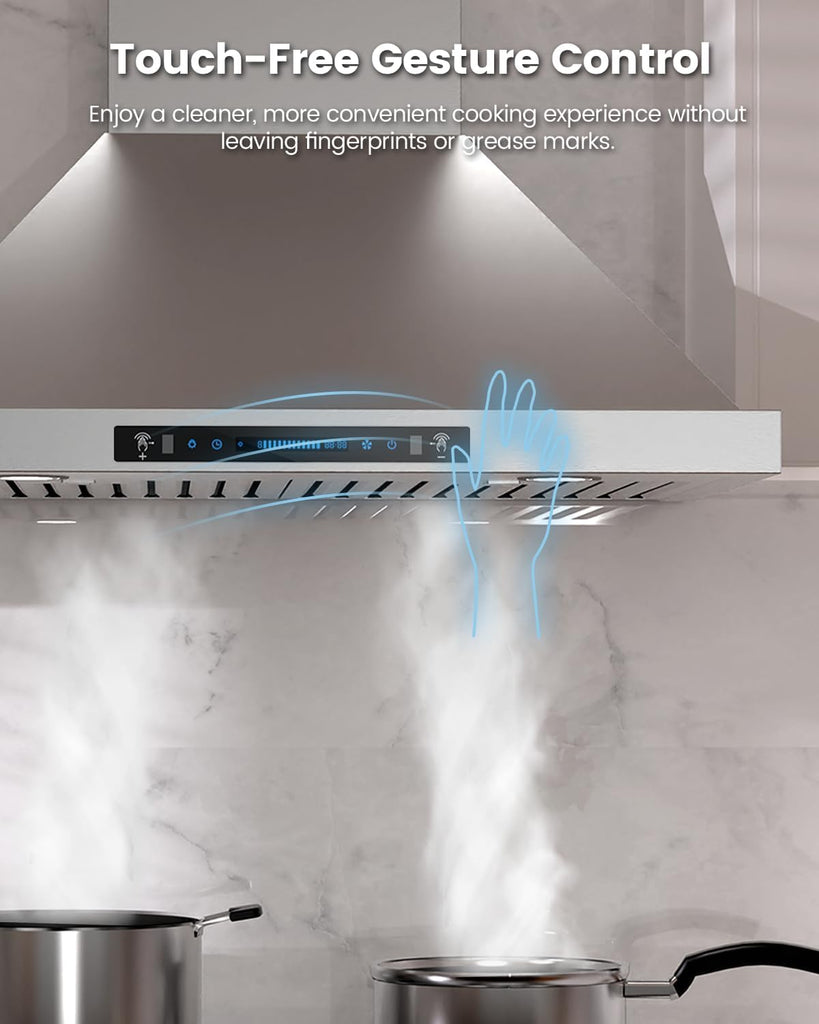 30 Inch Stainless Steel Wall Mount Range Hood 900 CFM 4 Speed Gesture, Touch & Remote Control Convertible Ducted/Ductless