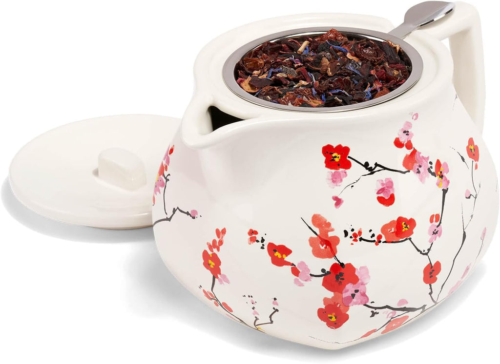 Ceramic Teapot with Infuser, Sakura Cherry Blossom, 24 oz | Floral Patterned Ceramic Teapot & Lid - Stainless Steel