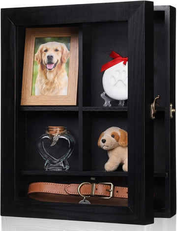 Black Pet Memorial Shadow Box with Heart Glass Bottle 14 x 11 in Dog Paw Print Clay Keepsake Display Frame for Lost