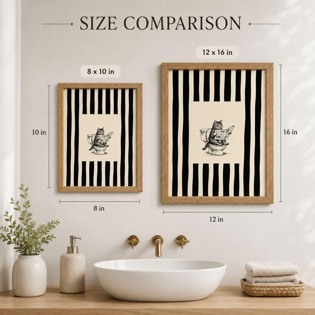Framed Funny Bathroom Wall Art - Tabby Cat Reading Newspaper on Toilet Canvas Print, Vintage Striped Minimalist