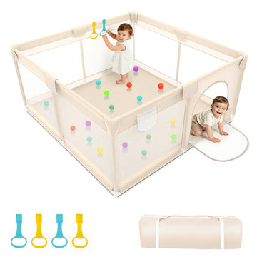Small Baby Playpen 50x50 - Indoor Play Yard with 4 Handle, Apricot