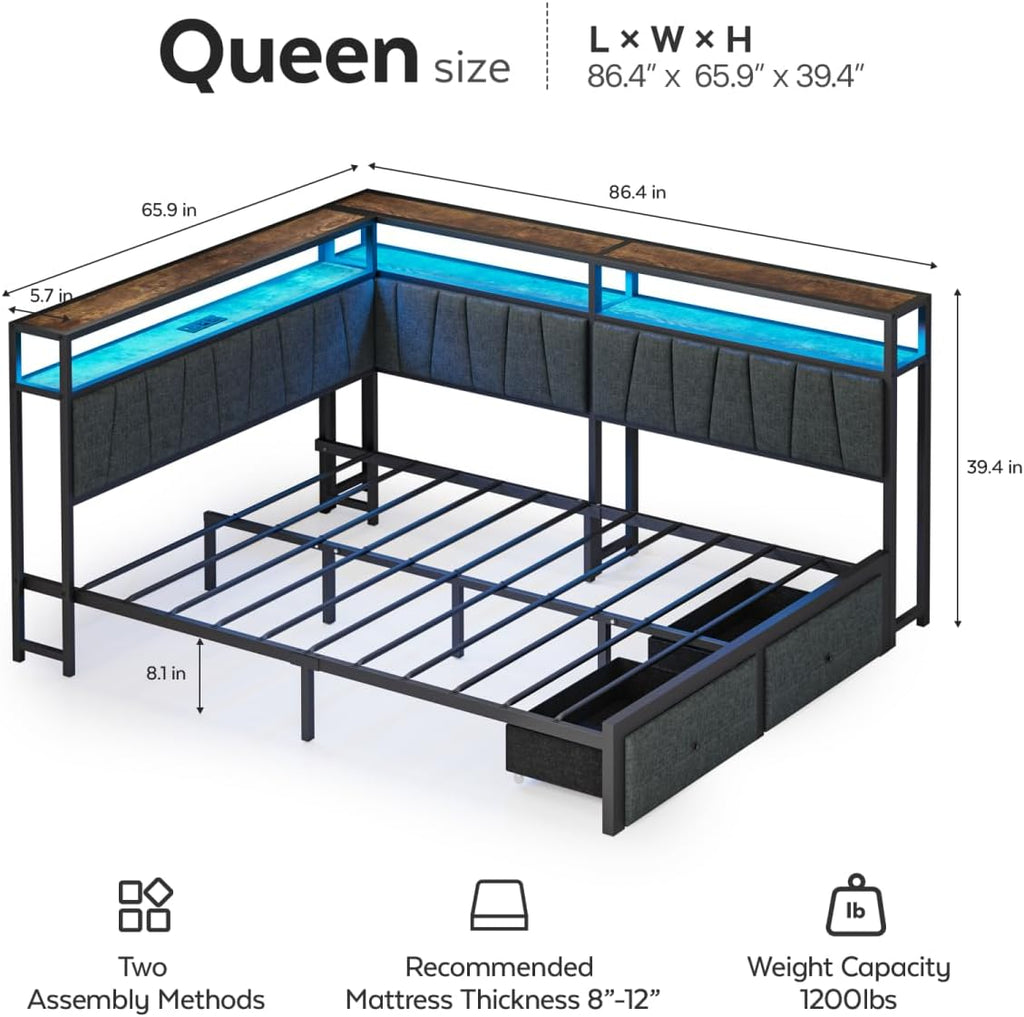 Queen Corner Bed Frame with Storage Drawers, Modern Daybed with LED Lights and Charging Station, Metal Platform Bed