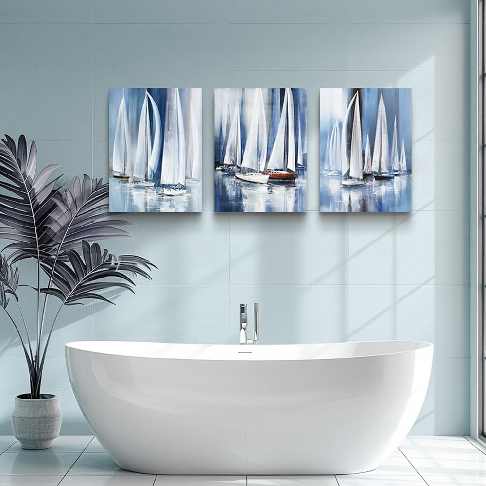 3 Piece Framed canvas wall art bathroom bedroom Wall Art Decor Ocean landscape sailboat abstract Canvas painting