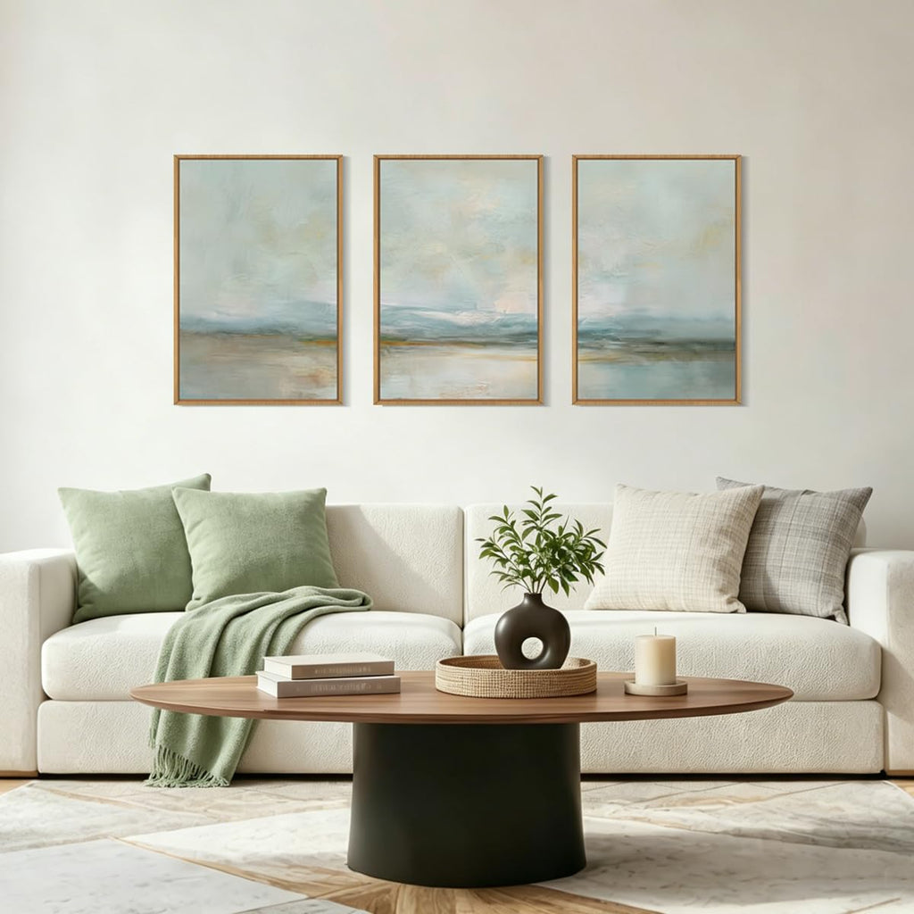 Sage Green Abstract Framed Canvas Wall Art, Large Watercolor Landscape Wall Decor, Neutral Minimalist Lake Artwork
