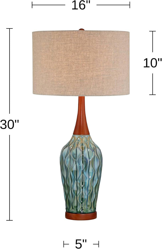 Rocco Mid Century Modern Table Lamp 30" Tall Ceramic Blue Teal Glaze Wood Handmade Linen Drum Shade Cottage Core Decor