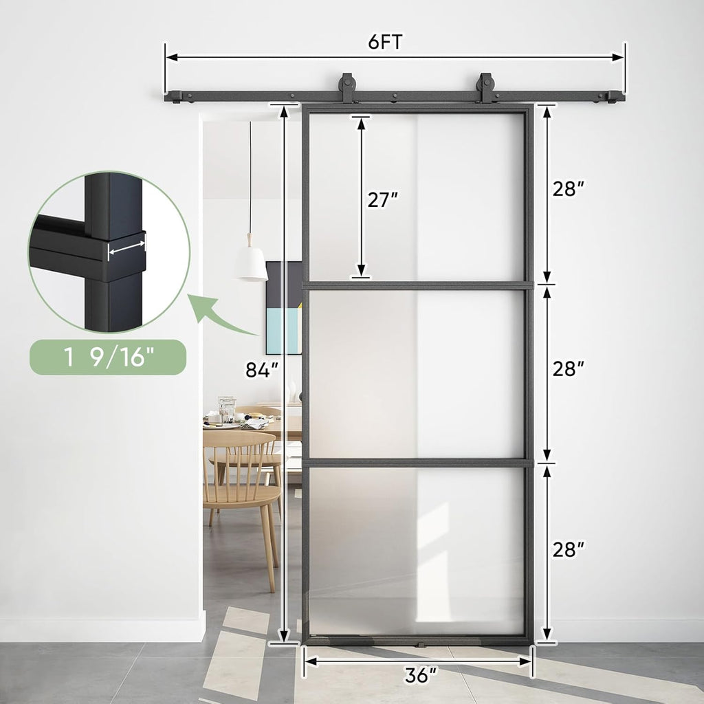 36in x 84in Frosted Glass Barn Door with 6FT Top Mounted Hardware kit Include Soft Close Mechanism B