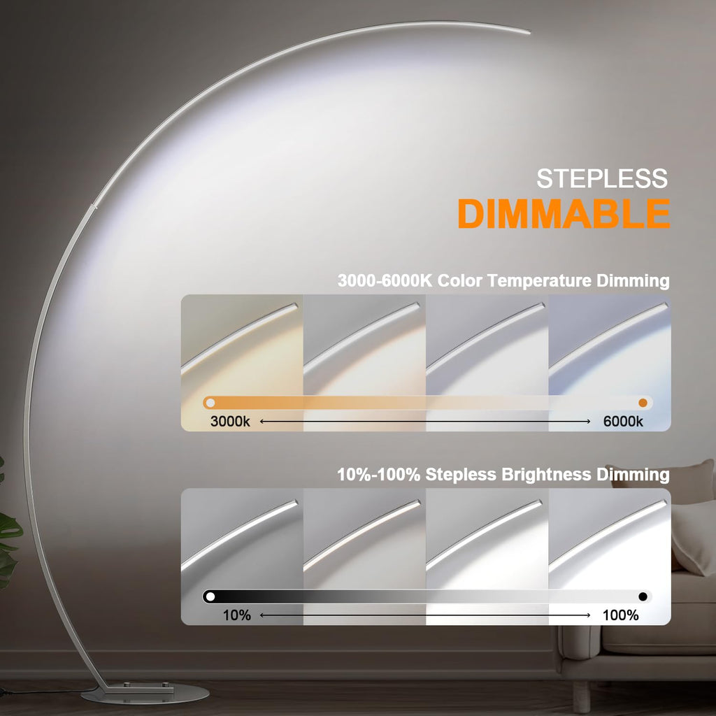 Dimmable LED Floor Lamp with 3 Color Temperatures, Ultra Bright Brushed Nickel Arc Floor Lamps, Modern Tall