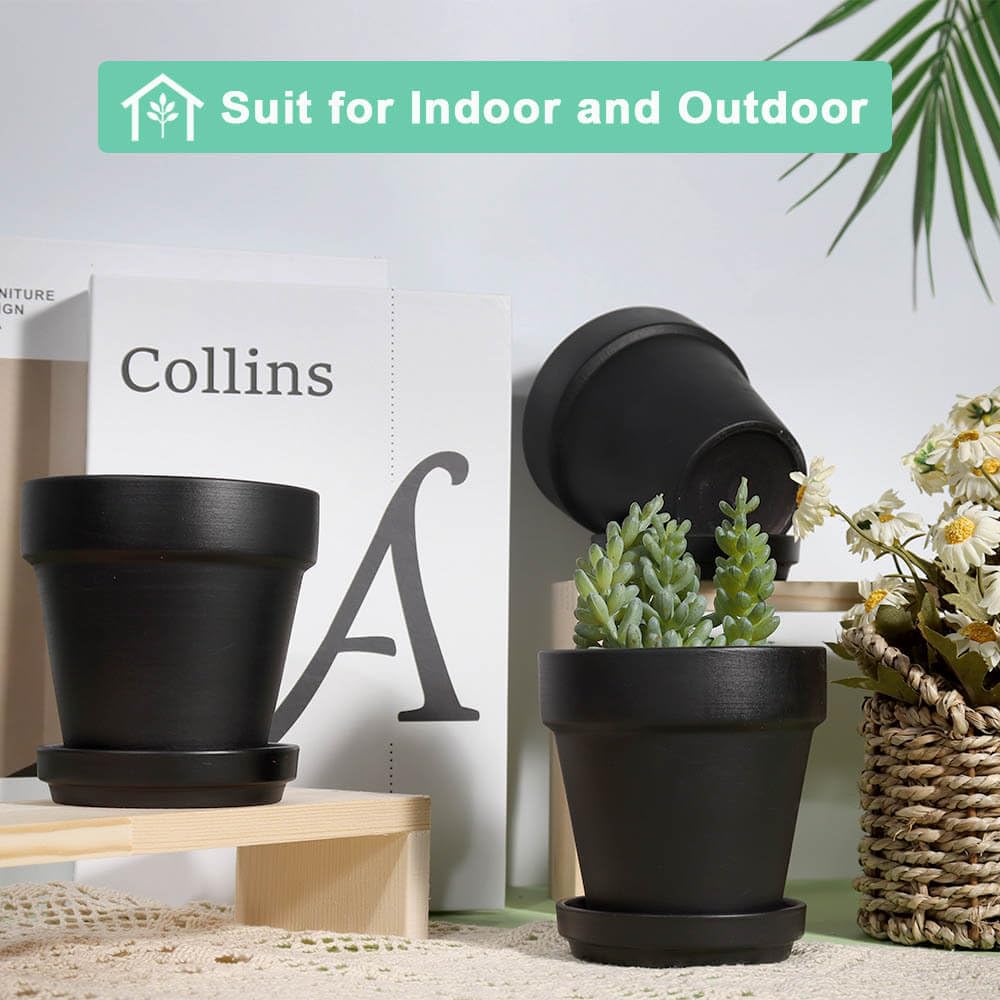 4 Inch Black Terracotta & Clay Pots with Saucer, 6 Pack