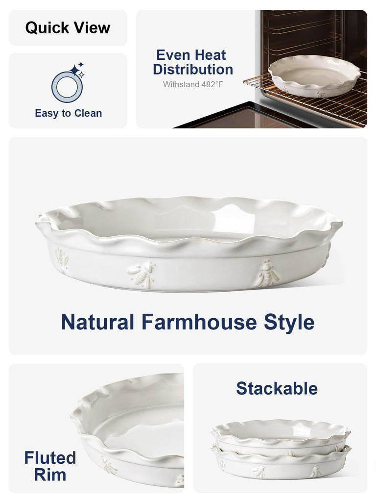 Pie Pans for Baking 10.6 Inch, Ceramic Deep and Fluted Pie Plate Dish with Ruffled Edge for Apple Pie, Oven Safe