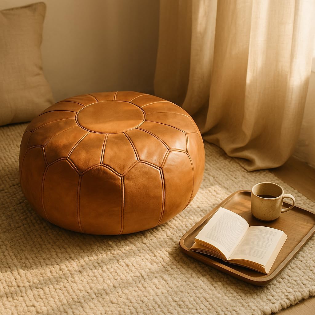 Ottoman Leather Pouf - Luxurious Boho Decor , or Lounge Seating | Comfort & Style