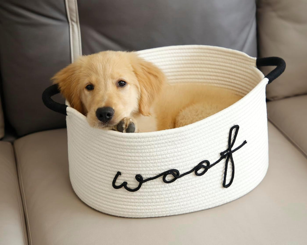 Woof Dog Toy Basket Woven Pet Baskets Storage Bin Box with Durable Handles, Pet Supplies Puppy Bins Perfect