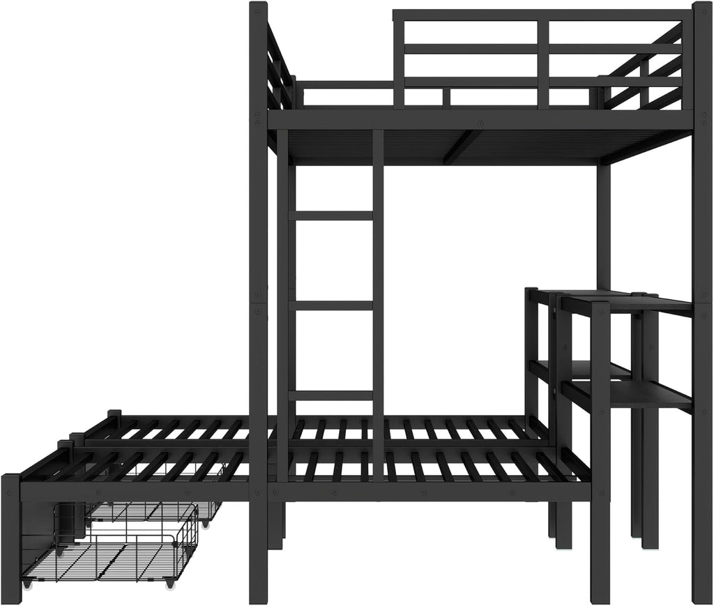 Heavy Duty Triple Bunk Bed with Storage Drawers, Shelves, Triple Bed with Charging Station