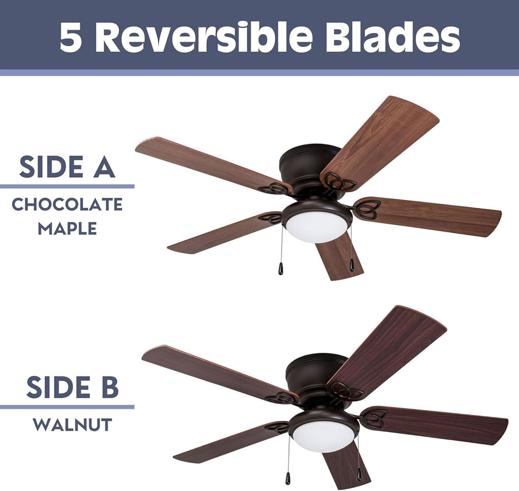 Benton Traditional 52 Inch Ceiling Fan with Light, LED Flush Mount Ceiling Fan, Indoor Fan with 5 Blades