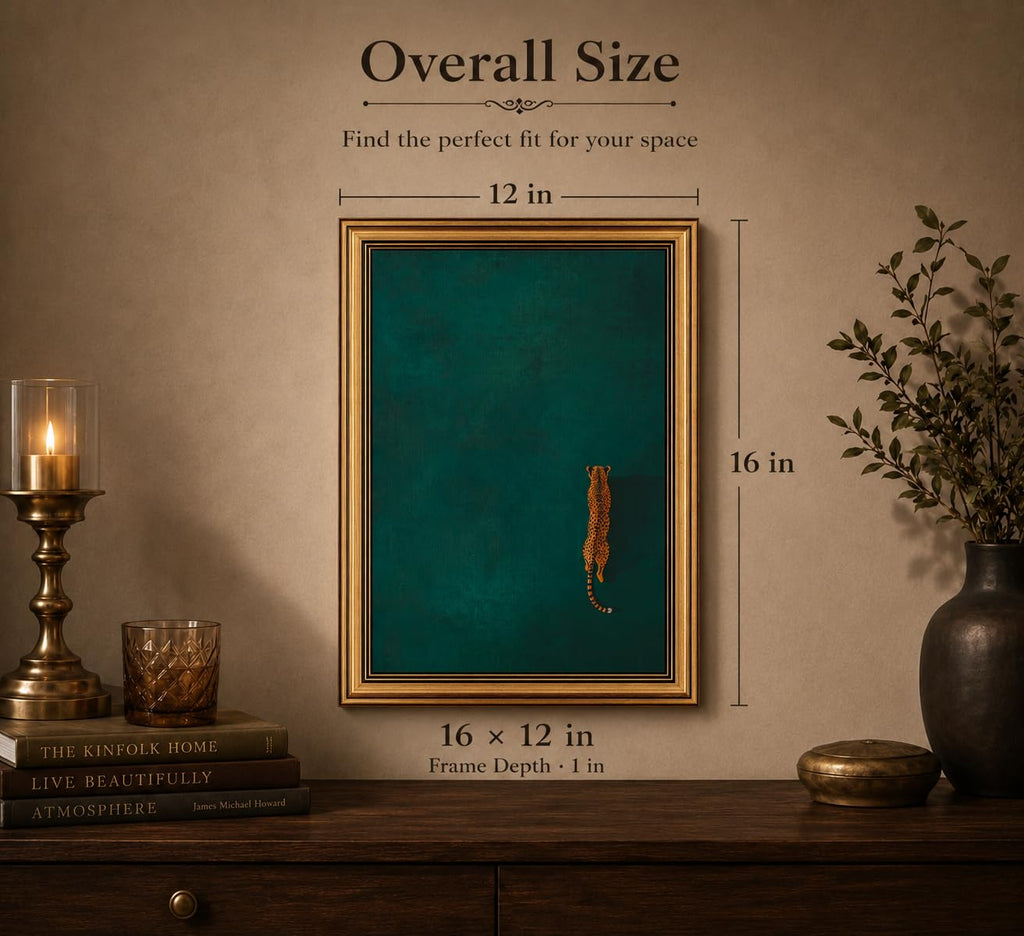 Gold Framed 3D Textured Wall Art, Vintage Green Cheetah Canvas Prints, Minimalist Emerald Green Leopard Pictures