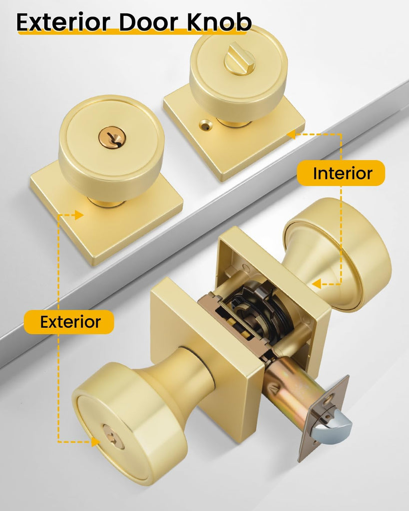 Gold Entry Door Knob with Lock and Key, Zinc Alloy 1 Pack