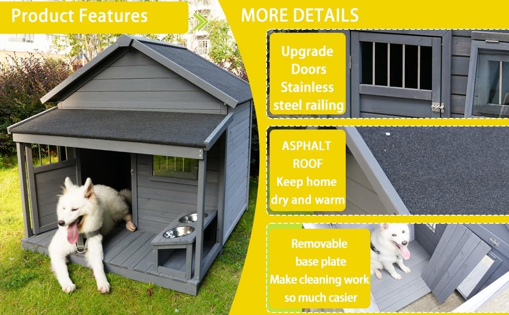 Large Outdoor Dog House, 44.2 x 44.6 x 44.6 inches, Weatherproof Wood Construction with Asphalt Roof, Covered