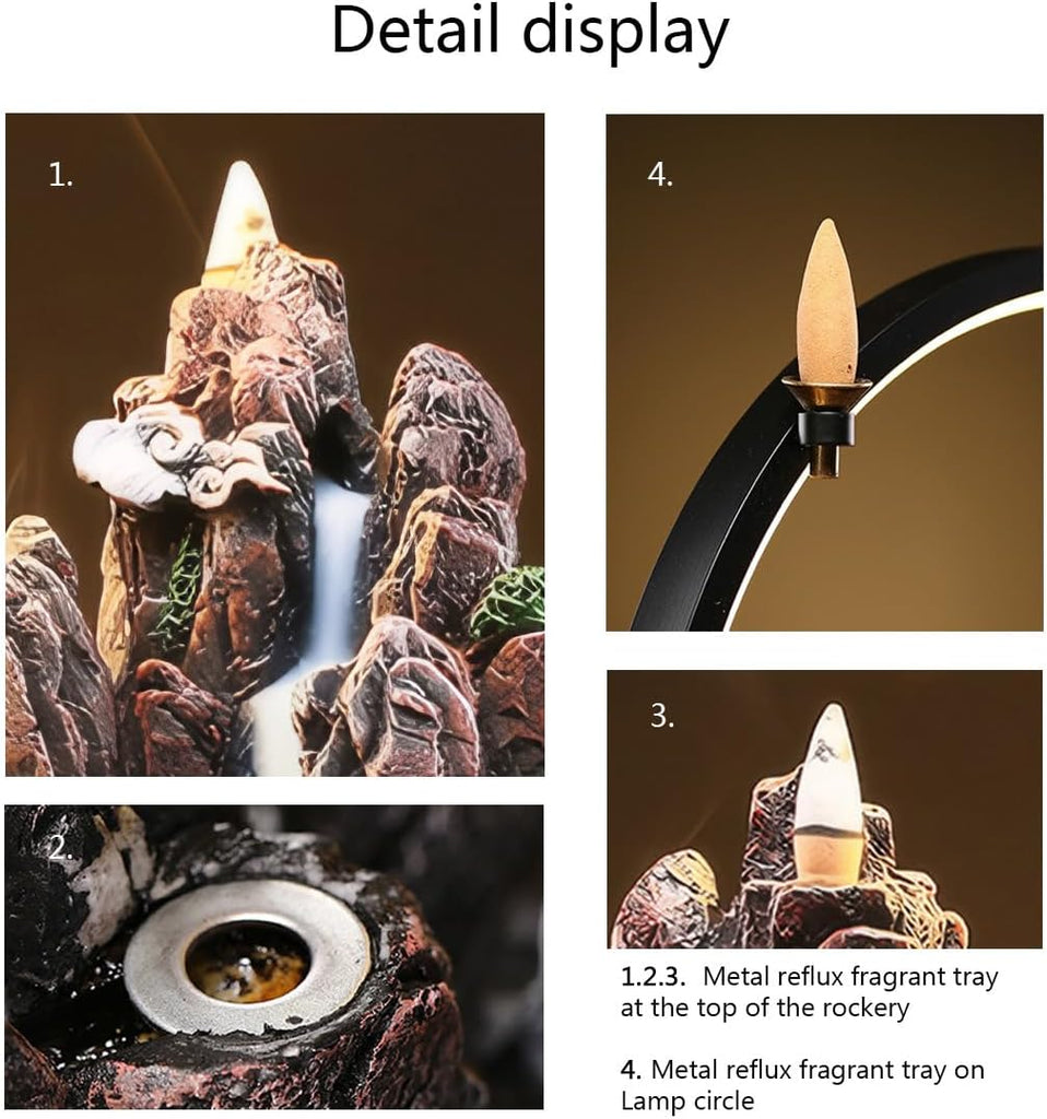 Backflow Incense Waterfall Fountain Burner with Adjustable LED Light Ring,Resin Rockery Landscape Ornament