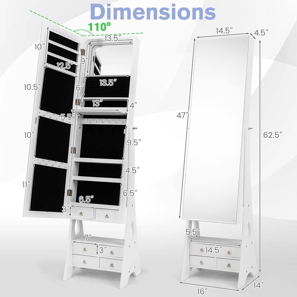 Standing Jewelry Armoire, Frameless Full Length Mirror, 6 Drawers