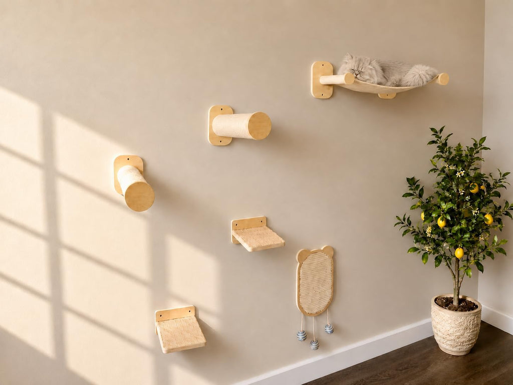 Cat Wall Shelves 6-in-1 Wall Mounted Cat Furniture with Perch & Hammock, Wooden Climbing Shelves with Scratching Post