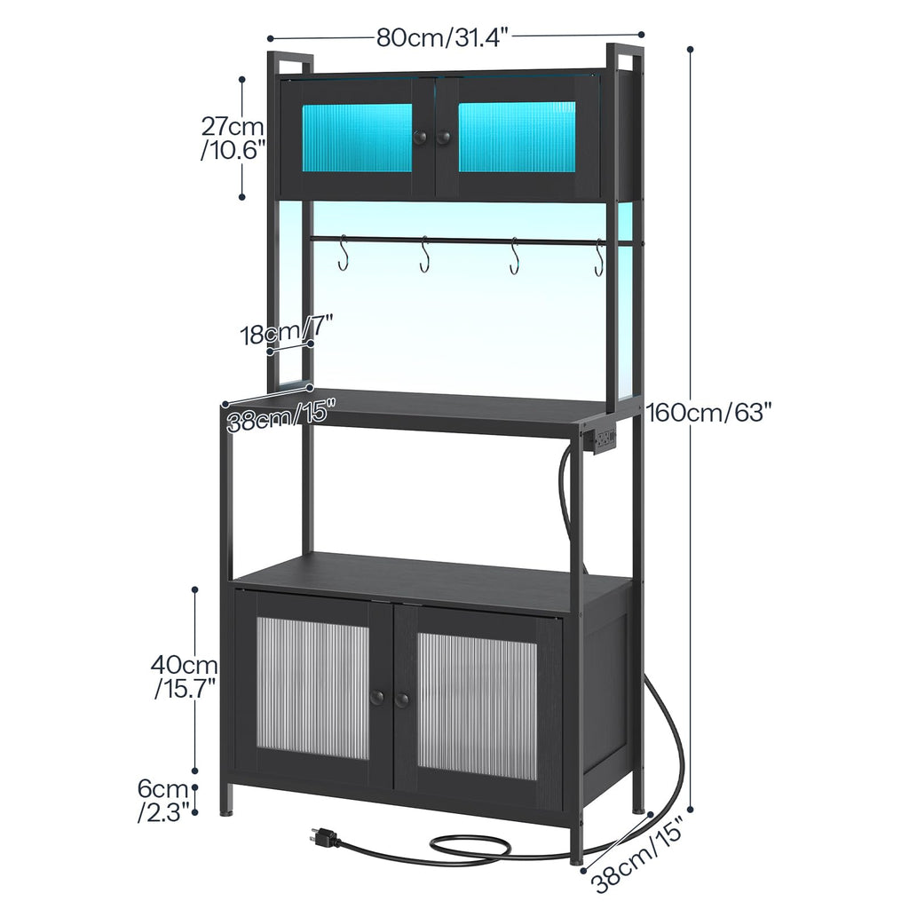 Bakers Rack with Storage Cabinet, 5-Tier Coffee Bar with Power Outlet and LED Lights, Industrial Microwave Oven Stand