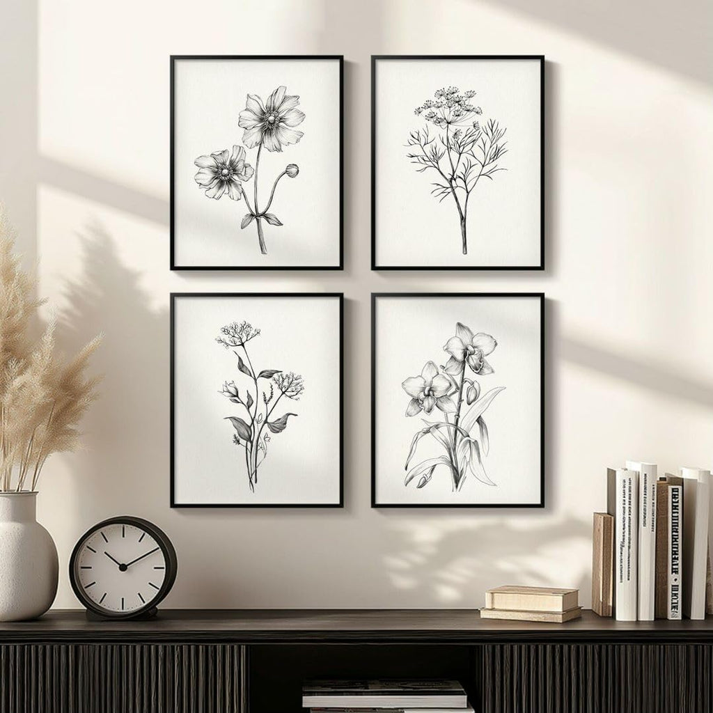 Framed Black and White Bathroom Wall Art, 4 Piece Vintage Floral Canvas Prints Artwork for Farmhouse, Rustic