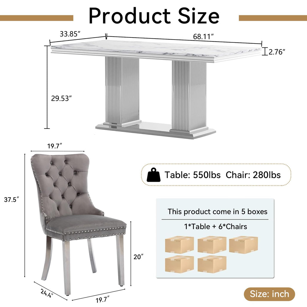 7-Piece Dining Table Set with 6 Grey Upholstered Chairs, 68" White Silver Faux Marble Kitchen Table Set for 6
