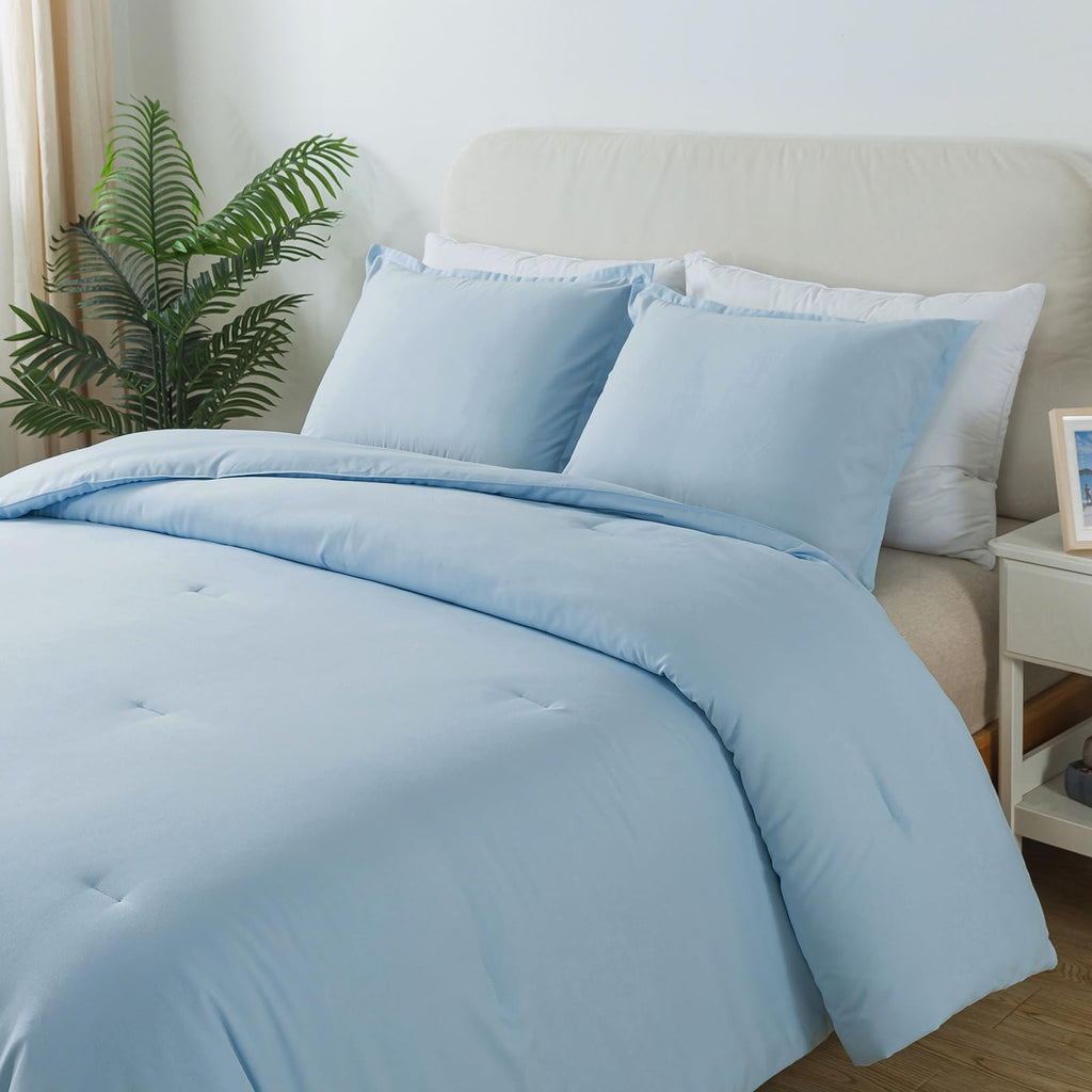 Light Blue Comforter Set Twin Size, Solid Lightweight Down Alternative Soft Boho Bedding Comforter Set, Breathable