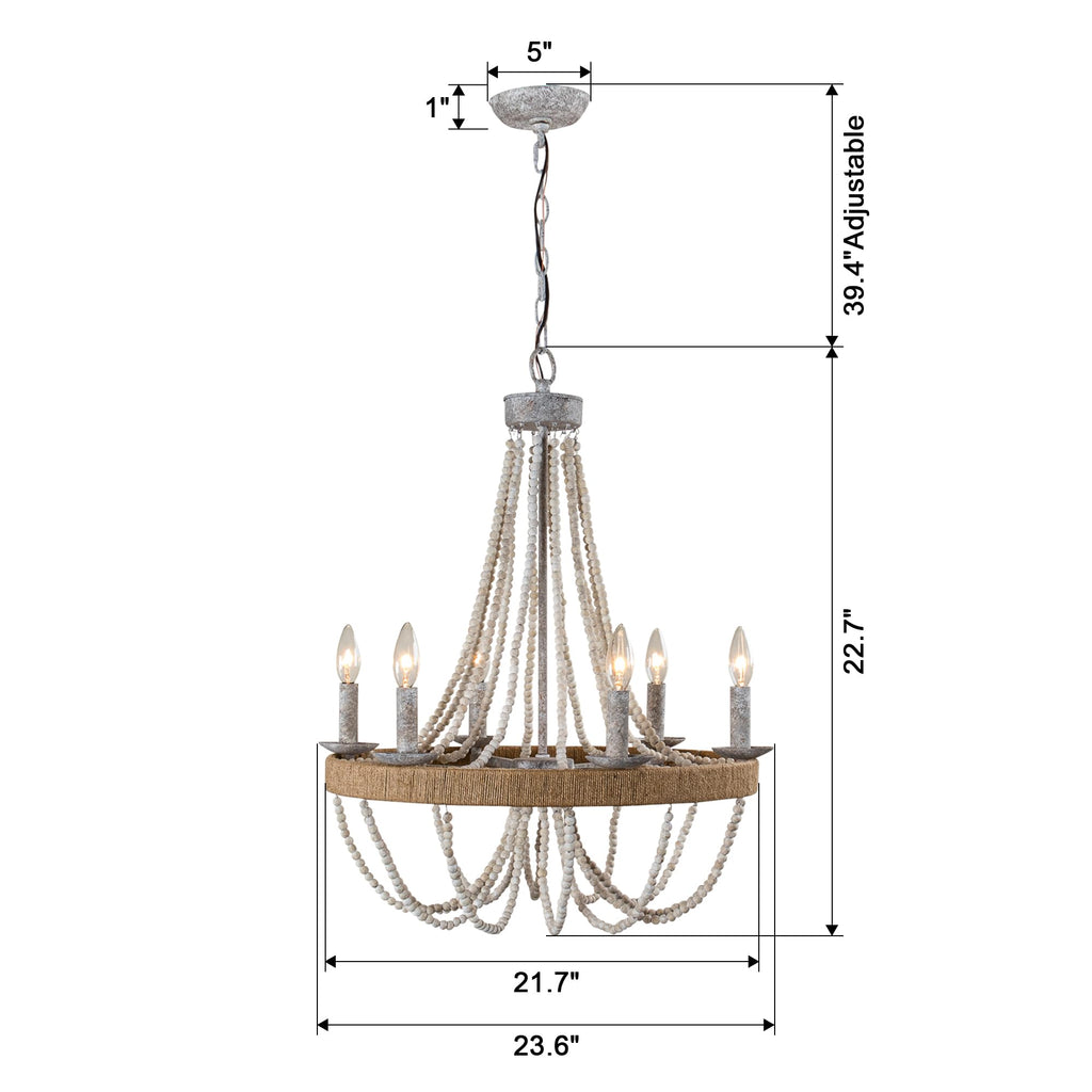 Farmhouse Chandelier 6-Light Wood Bead Rustic Ceiling Light